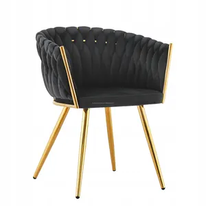 Nuovo design confortevole soggiorno sala da pranzo per il tempo libero poltrona in tessuto di velluto nero intrecciato con gamba in metallo dorato
