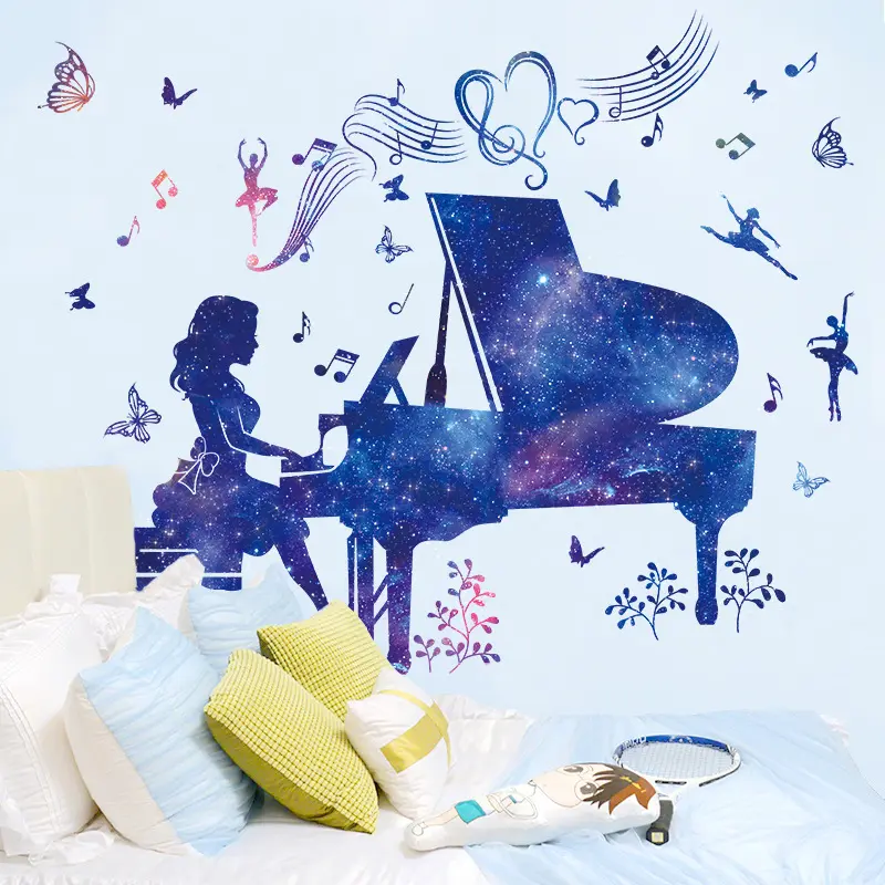 New design beautiful woman plays the piano stickers with wall music notes image decor bedroom