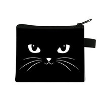 Sac de maquillage imprimé chat de dessin animé mignon, pochette de rangement portable pour cartes et clés pour étudiants