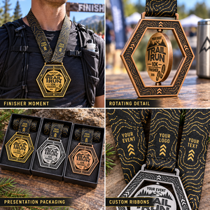 Medallas Personalizadas para Corredores de Trail Running con Marcos Hexagonales Calados para Finalistas de Carreras en Oro, Plata y Bronce con Cintas Impresas - Product Image 3