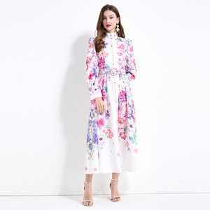 Vintage Stand Collar <strong>Printed</strong> Long <strong>Skirt</strong> Women European and American Elegant Dress - Product Image 6