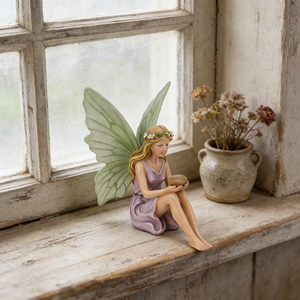 Incantevole Statua di Fata Viola, Statuetta di Fata con Ali Verdi per Paesaggi Esterni, Scultura Magica di Ragazza della Foresta per Decorazioni Domestiche - Product Image 4