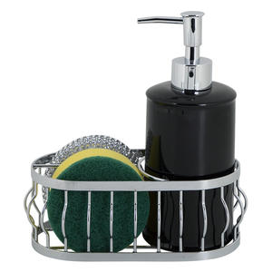 3N1 Organisateur d'évier de <span class=keywords><strong>cuisine</strong></span> Distributeur de savon <span class=keywords><strong>en</strong></span> céramique Distributeur de savon <span class=keywords><strong>en</strong></span> grès et métal argenté Boîte à éponge Ensemble de salle de bain - Product Image 1