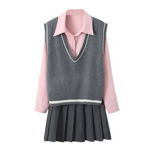 Conjunto de Falda Plisada y Camiseta para Mujer Happy Plus, Talla Grande, Color Rosa Sólido, Tejido de Punto, Manga Larga, Estilo Casual en Capas - Product Image 5