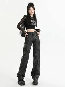 <span class=keywords><strong>Pantaloni</strong></span> Casual Vintage <span class=keywords><strong>in</strong></span> Ecopelle per Donna, Vita Alta, Finta <span class=keywords><strong>Pelle</strong></span> Opaca, Gamba Dritta <span class=keywords><strong>con</strong></span> Tasche, Streetwear Personalizzato - Product Image 1
