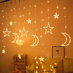 Cortina de luces Led con forma de Luna y estrella para decoración del hogar, cortina de luces Led de 220V y 110V con enchufe para interior, modelo Ramadán Eid