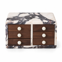 Boîte de rangement carrée pour bijoux en marbre Calacatta Viola NANWEI avec 6 tiroirs en bois de noyer pour coiffeuse