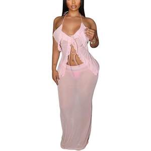 ชุดเซ็ต 2 ชิ้นสำหรับสาวพลัสไซส์ เสื้อสายเดี่ยวตาข่ายแต่งระบาย พร้อมกระโปรงยาวผ้าชีฟองซีทรู ชุดเที่ยวพักผ่อน - Product Image 2