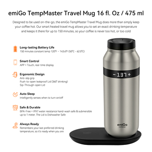 Taza de Viaje Inteligente con Calefacción EmiGo, Estilo Ejecutivo de Alta Gama, 16oz 475ml, Taza de Café con Termostato a Prueba de Agua y Pantalla LED - Product Image 5