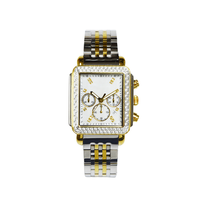 Fashion Brands Waterproof Golden Stainless Steel Band Wrist Square Dial Chronograph Women Watch Montre Pour Femme