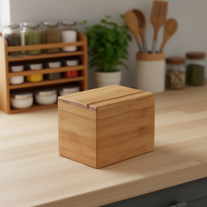 Caja Organizadora de Recetas de Bambú con Tapa Abatible, Almacenamiento de Alimentos, Diseño Minimalista, Hecha a Mano - Product Image 2