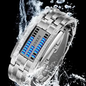 Jam Tangan Elektronik LED Bercahaya Biner Biru Fashion Pria Baja Tahan Karat 7056 Jam Tangan Led Modis Wanita