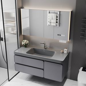 Meuble de salle de bain noir simplifié avec miroir en verre alvéolé, vasque blanche et corps de meuble suspendu - Product Image 2