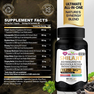 Complément Alimentaire OEM Personnalisé Direct Usine <span class=keywords><strong>Shilajit</strong></span> 60 Capsules 300mg Ashwagandha Rhodiola Rosea pour l'Immunité, l'Énergie et le Métabolisme - Product Image 4