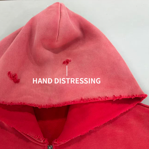 Custom <b>Men</b> 400GSM Heavyweight Gradient <b>Red</b> Vintage Washed Zip Up <b>Hoodie</b> Distressed Ripped Streetwear Hooded Jacket OEM ODM - Product Image 2