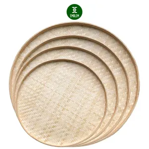 Baki Bambu Anyaman Bulat Gantung Dinding, Keranjang Seni Dinding Dangkal Datar untuk DIY Pengeringan Makanan Keranjang Buah Dapur 4 Buah