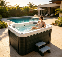 Bain à remous extérieur en acrylique pour 3 personnes avec jets d'hydrothérapie, lumières LED et ozone pour jardin