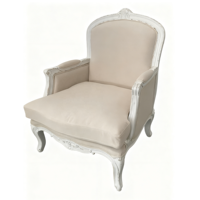 Fauteuil simple en bois massif blanc vieilli de style français, avec tissu en lin sculpté, fauteuil d'appoint vintage
