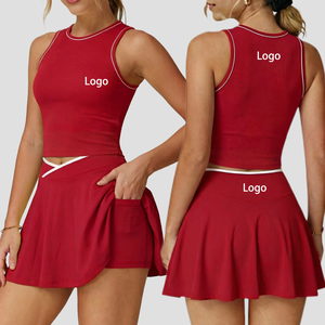 Ensembles de jupes contrastées avec logo personnalisé pour femmes, tenues 2 pièces, ensemble de tennis, badminton et pickleball à séchage rapide avec poches, style modeste - Product Image 1