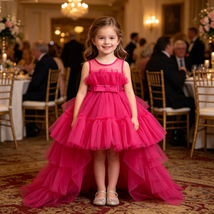 Abito da Principessa per Bambine con Coda Lunga Staccabile, <span class=keywords><strong>Vestito</strong></span> da Damigella con Sfumature di Colore in Tessuto Poliestere/Cotone e Rete - Product Image 2