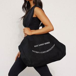 Sacs fourre-tout en toile de coton noir en gros avec poche intérieure, sacs en toile larges imprimés personnalisés de haute qualité avec bandoulière pour femme - Product Image 1