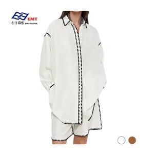 100% Silk White Shirt Women 2023 New Crochet Wrapped Edge Loose Shirt Peplum High Waist Knee Length Short