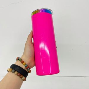 Custom LogoFluorescent Neon Colored 20oz rainbow Plated Skinny Straight Tumbler with Slide Lid for Laser Engraving - Product Image 2