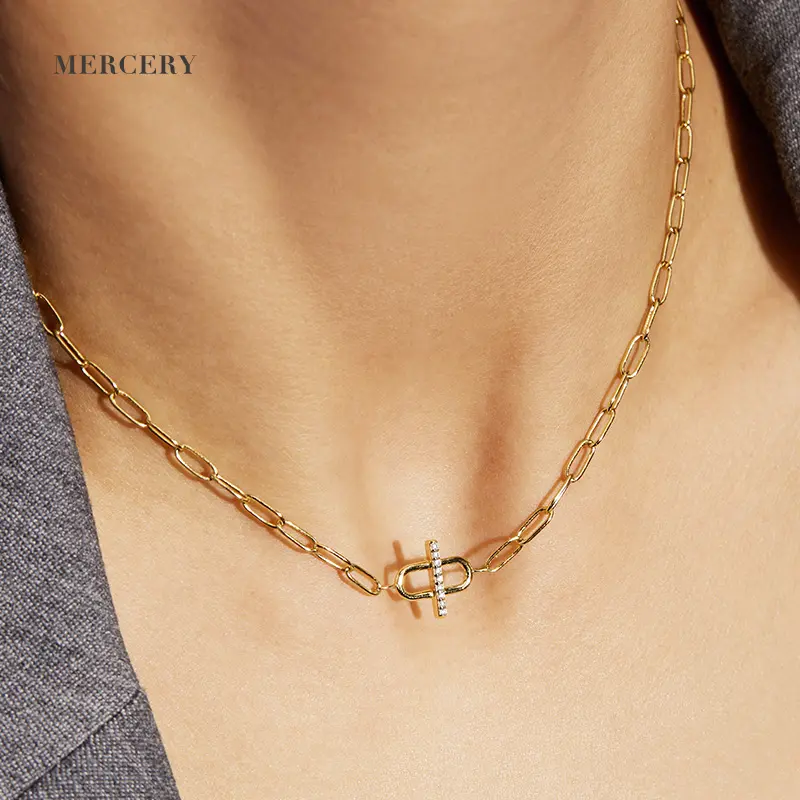 14K Gold Plating Pendant Choker Necklace Collares de Plata Cross Link Chain CZ Gemstone 925 Sterling Silver Gold Plated Necklace