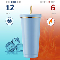 Gobelet isotherme à double paroi avec couvercle et paille, design personnalisé, 500 ml/750 ml, bord doré