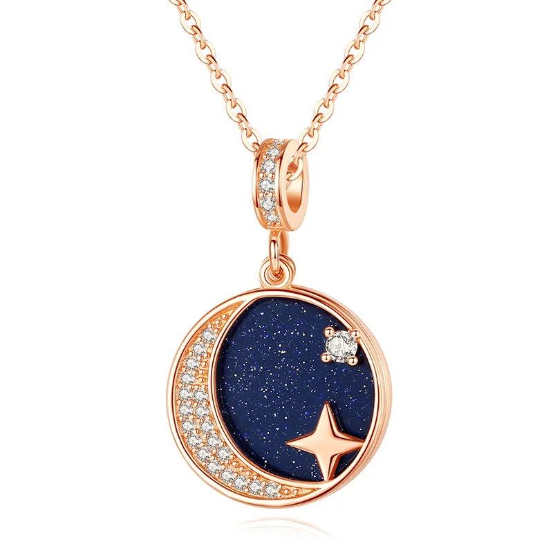 Round Coin Pendant Moon Star Zircon Necklace for Women Shiny 925 Sterling Silver Necklaces