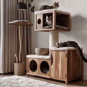 Luxo moderno <span class=keywords><strong>Cat</strong></span> <span class=keywords><strong>Tree</strong></span> Tower Wood Pet House com Climb Frame Litter Box Contemporâneo Animal Padrão <span class=keywords><strong>Scratcher</strong></span> Casa para Gatos - Product Image 2