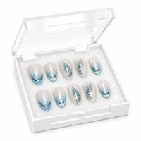 Ongles à presser personnalisés bleu dégradé brillant, courts, forme amande, pour femme, faux ongles