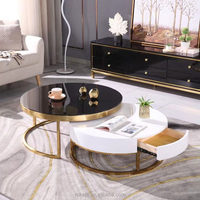 Meilleures ventes Tables basses gigognes modernes noires et blanches avec plateau en pierre, tables basses rondes pliantes avec tiroirs, tables centrales de luxe