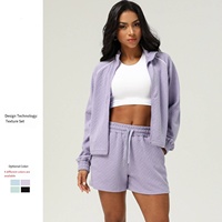 Ensemble athlétique texturé deux pièces pour femmes, veste à manches longues + short pour la salle de sport, le yoga, le jogging, le quotidien et les loisirs