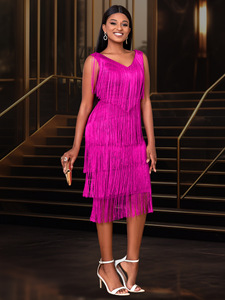 Robe bandage à bretelles tendance, col en <span class=keywords><strong>V</strong></span>, longueur mi-cuisse, robe à franges rouge, élégante, décontractée, grandes tailles pour femmes - Product Image 6