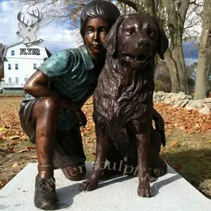 Estátua de bronze em tamanho real para crianças ao ar livre, escultura de jardim de menino e cachorro, melhor amigo