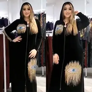 Dubai Black Velvet Dresses Africa style robe Sequins Dashiki Women Abaya Ankara Muslim Hooded Robe