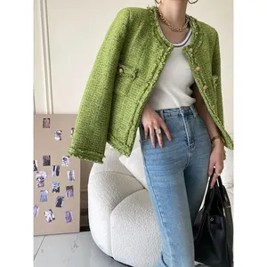 粗花呢西装外套绿色2023热卖新款女装休闲编织优雅针织立体图案
