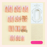 Kuku Palsu ABS Tekan Gaya Prancis Panjang Mewah Warna Nude Pink Gold 24 Buah Set Mutiara 3D Nail Art untuk Jari