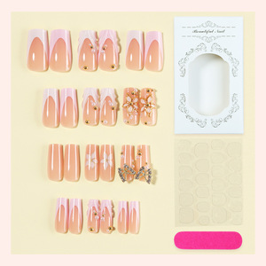 Ongles longs de style français personnalisés, luxueux, rose nude, dorés, en ABS pressé, 24 pièces, avec perles 3D pour le nail art des doigts - Product Image 2