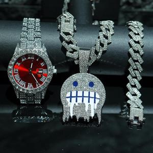 ヒップホップ時計ネックレスブレスレットセット高級3個セットメンズクォーツ腕時計ファッションチャームジュエリー - Product Image 1