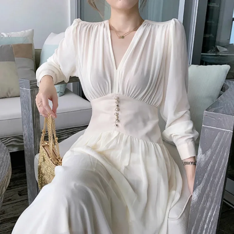 Elegant Dress Women Solid Long Sleeve Fairy Party Dress Office Lady Sexy V-neck Loose Midi Dress 2021 Autumn Clothing Female