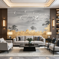 Dinding Latar Belakang Awan Pinus Mewah, Wallpaper Burung Bangau Cina Baru untuk Foyer, Ruang Makan & Kamar Tidur