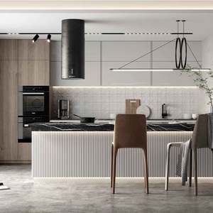 Villa, grande cuisine ouverte, îlot central, armoire de cuisine durable, accessoires, évier, robinet, charnières, dosseret, résine, MDF, contreplaqué, verre pour usage domestique - Product Image 1