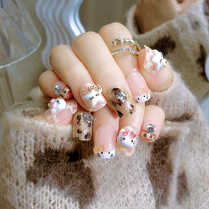Nouvelle Arrivée Faux Ongles Courts Carrés à Couverture Complète Motif Chat Kawaii Fait Main 24 Pièces/Boîte en ABS pour Doigts Automne - Product Image 3