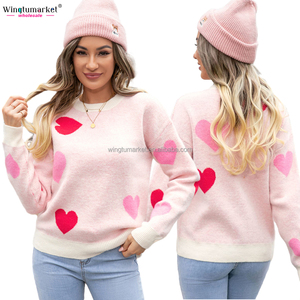 Maglione da <span class=keywords><strong>Donna</strong></span> Oversize con Stampa Labbra di San Valentino, Intarsio Jacquard, Spalle Cadenti, Scollo a V, Girocollo, Vestibilità Ampia e Confortevole - Product Image 2