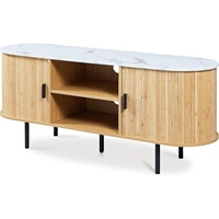 Table TV moderne en bambou avec 2 portes coulissantes et compartiments de rangement, meuble TV console avec plateau blanc |   Usine Homex_BSCI