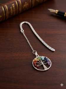 <b>Silver</b> Plated Tree of Life Charm <b>Bookmark</b> Bezel Set Rainbow Stone Pendant Chain Link Vintage Jewelry Gift - Product Image 4