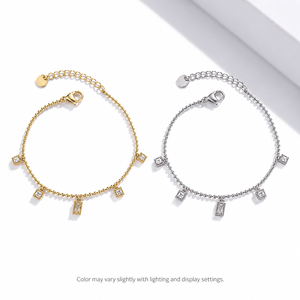 Geometric Zircon Charm <b>Bracelet</b>, Stainless Steel <b>Beaded</b> Chain with 14K Gold Vacuum Plating, Gold and <b>Silver</b> Colors - Product Image 1