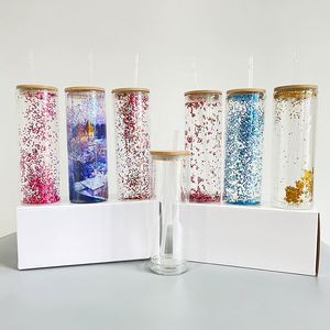 Gobelet en verre transparent à double paroi de 20 oz pour sublimation de strass, gobelet en verre droit de 12 oz avec couvercle en bambou - Product Image 1